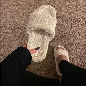 Ivory Sherpa Slides, can be worn inside as slippers or worn outside